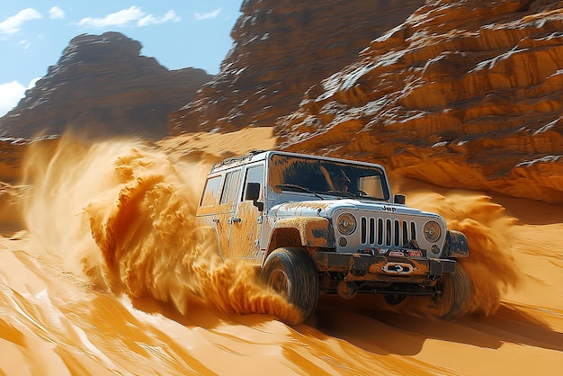 jeep driving through desert